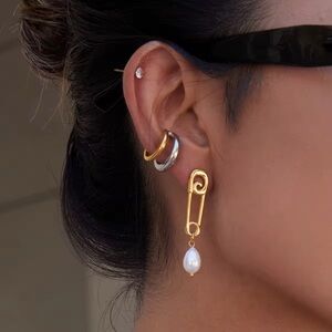 18K Gold Plated Safety Pin Pearl Drop Stud Earrings